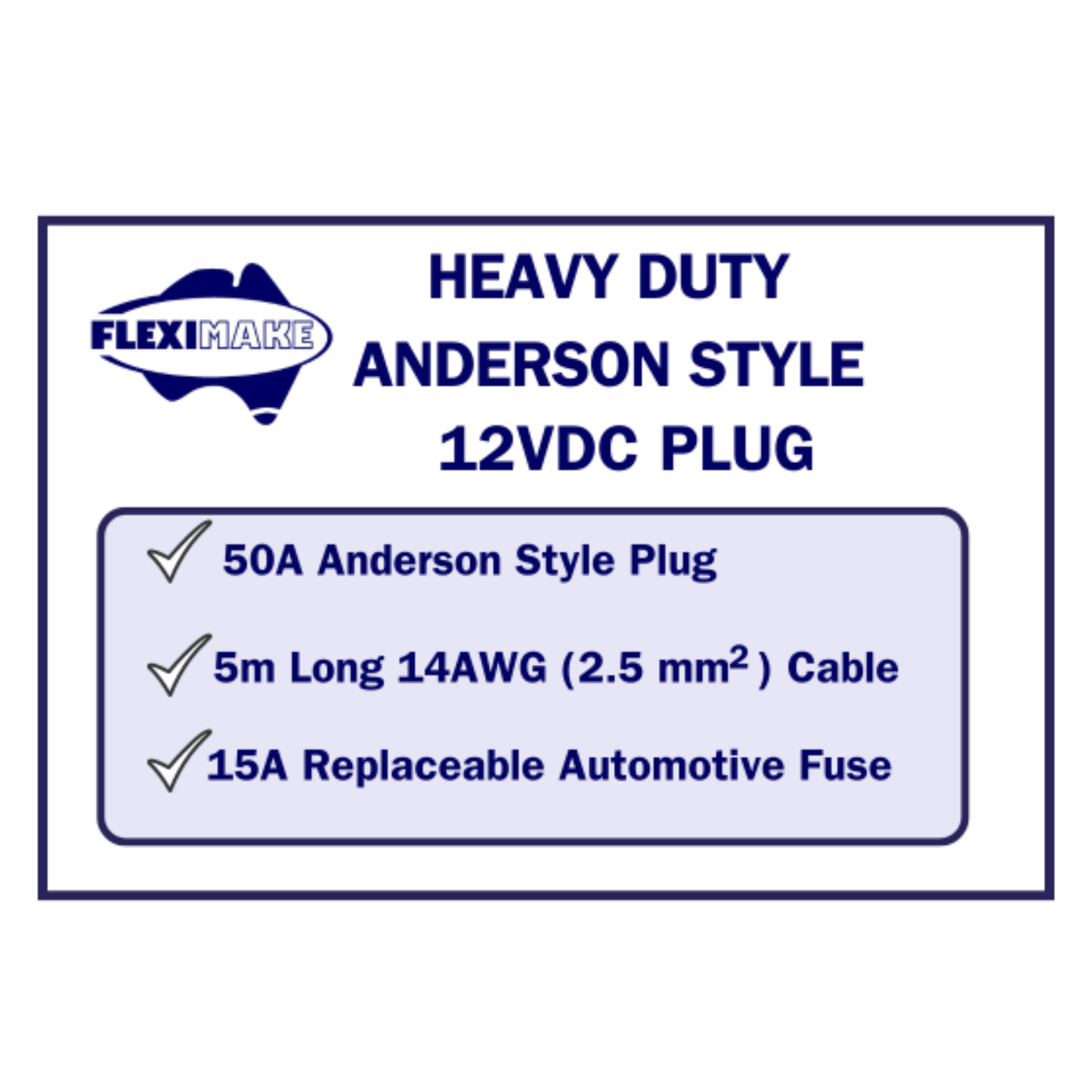 Fleximake Heavy-Duty 12VDC Anderson-Style Plug & 5M Cable with Automotive In-Line Fuse – 15A