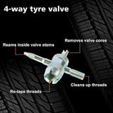4-Way Tyre Valve Core Tool – Reams, Cleans, and Re-Taps Threads