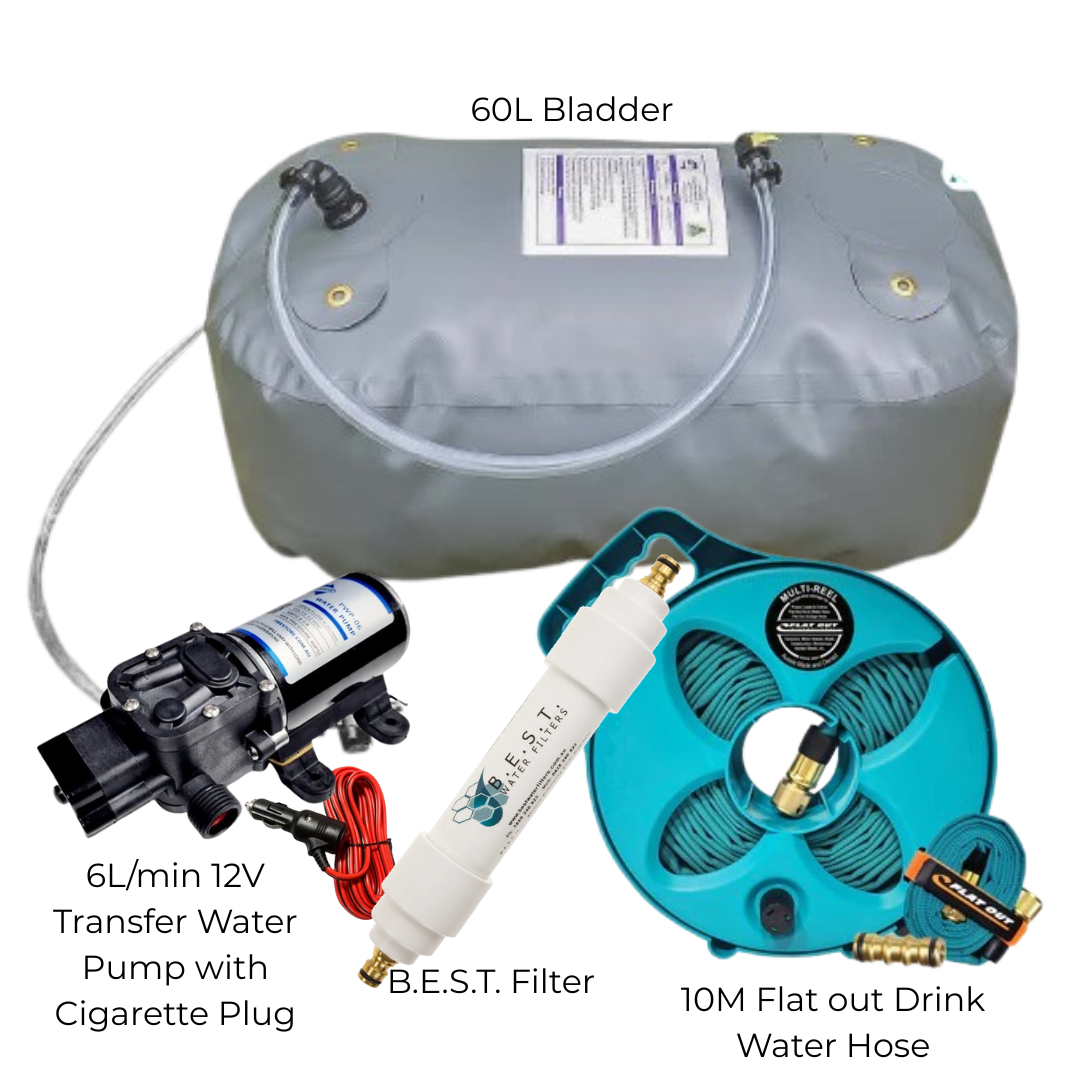 Compact Off-Grid Water Kit with bladder, pump, hose and filter