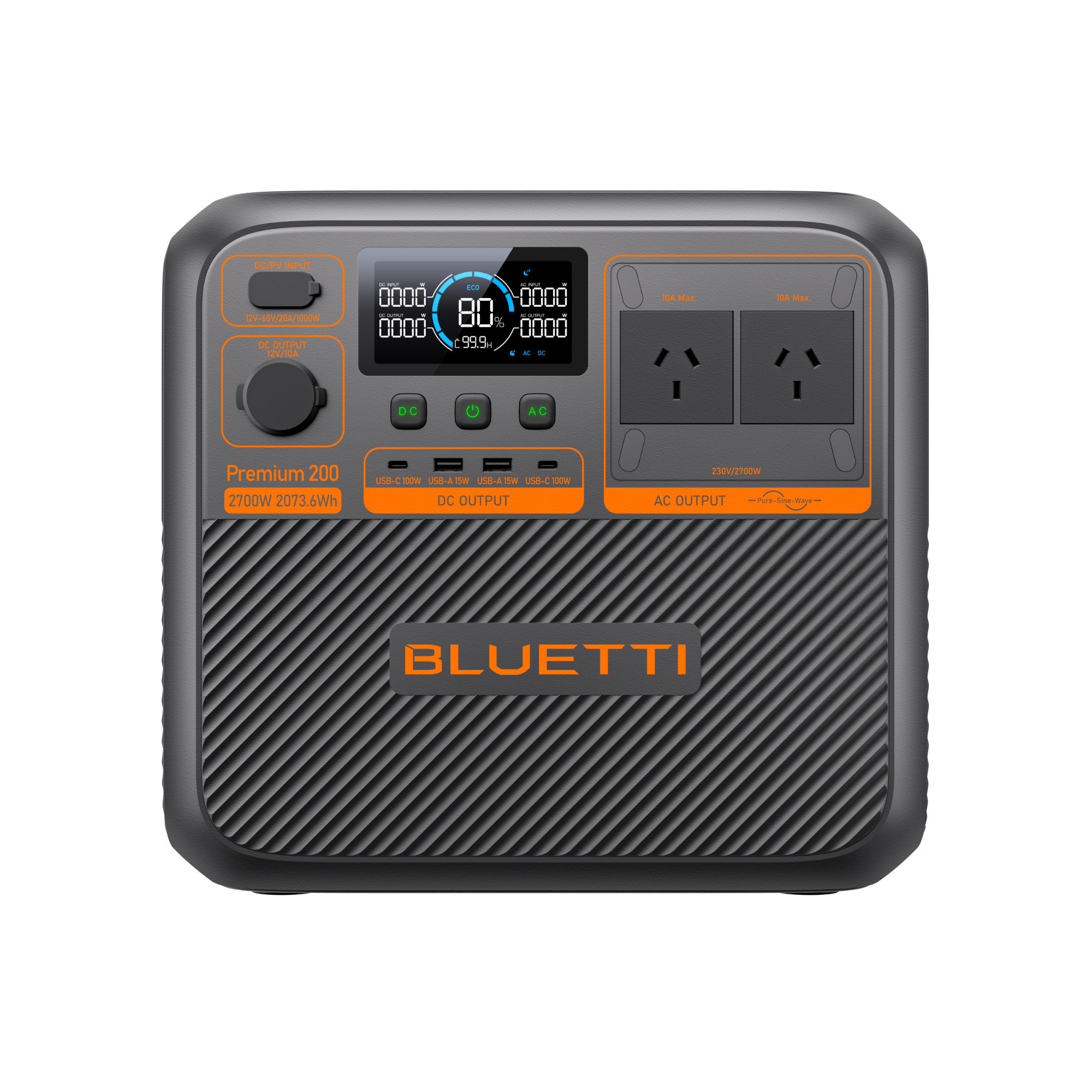 BLUETTI Premium 200 V2 Portable Power Station with a display screen, multiple power outlets, and a black casing with orange accents.