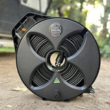 Flat Out Sullage Hose on Multi-Reel with a caravan in the background.