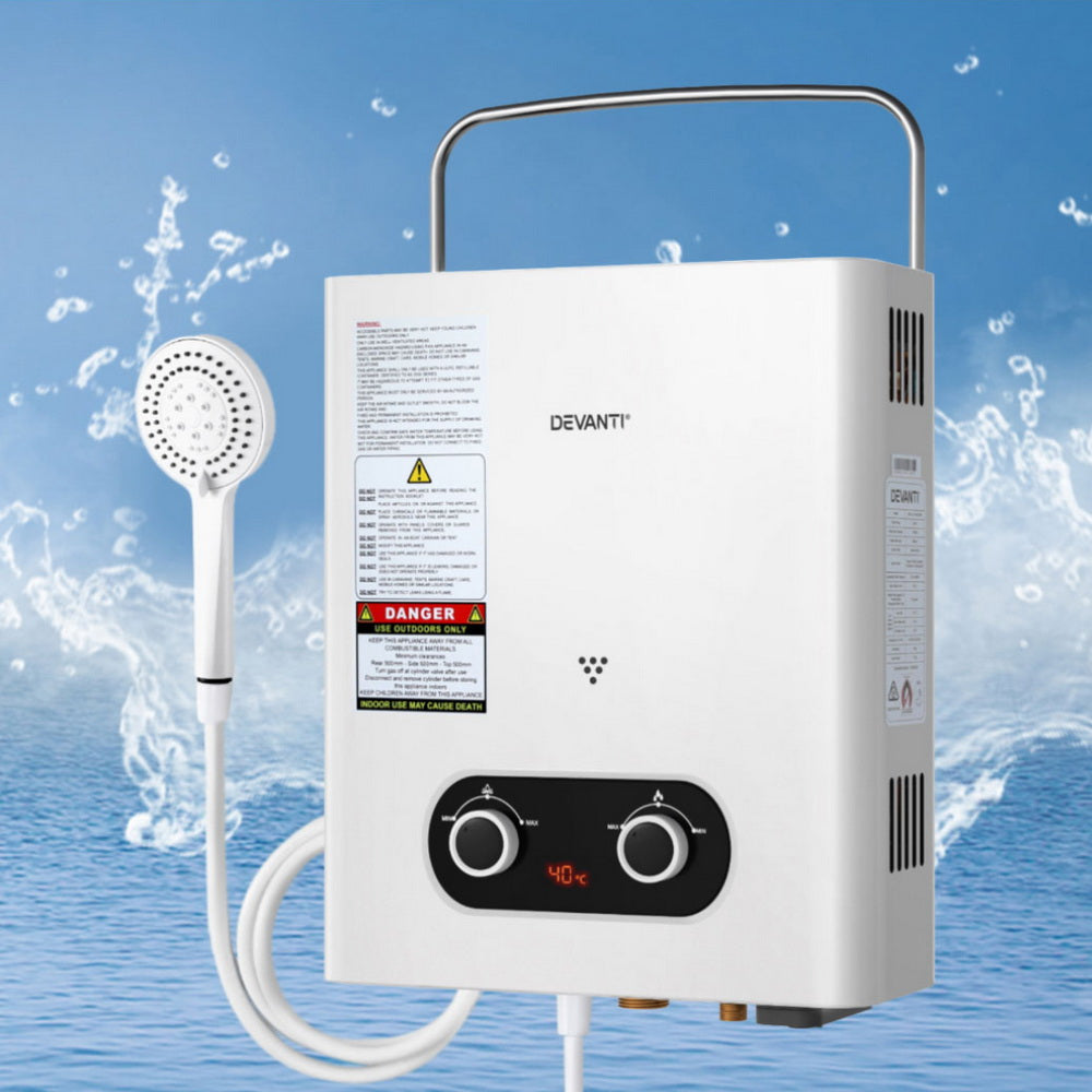 Devanti Portable Gas Water Heater – Outdoor Camping Shower (White)