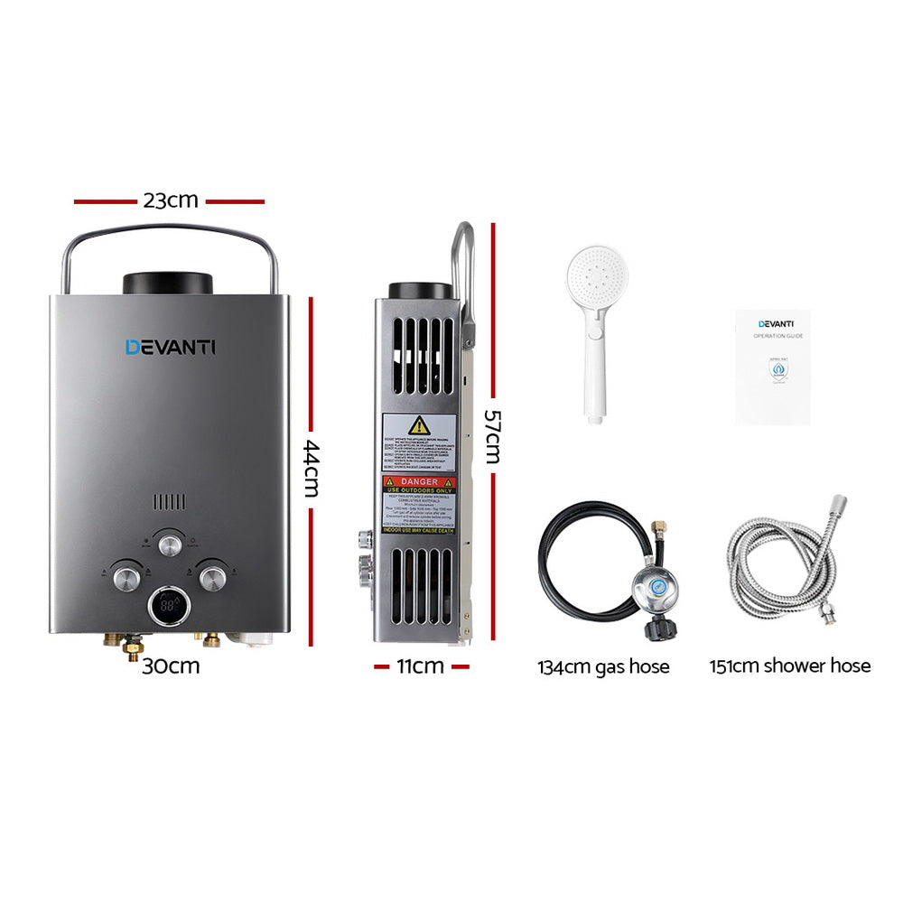 Devanti Portable Gas Water Heater – 8L/Min LPG Outdoor Hot Water Shower System (Grey)