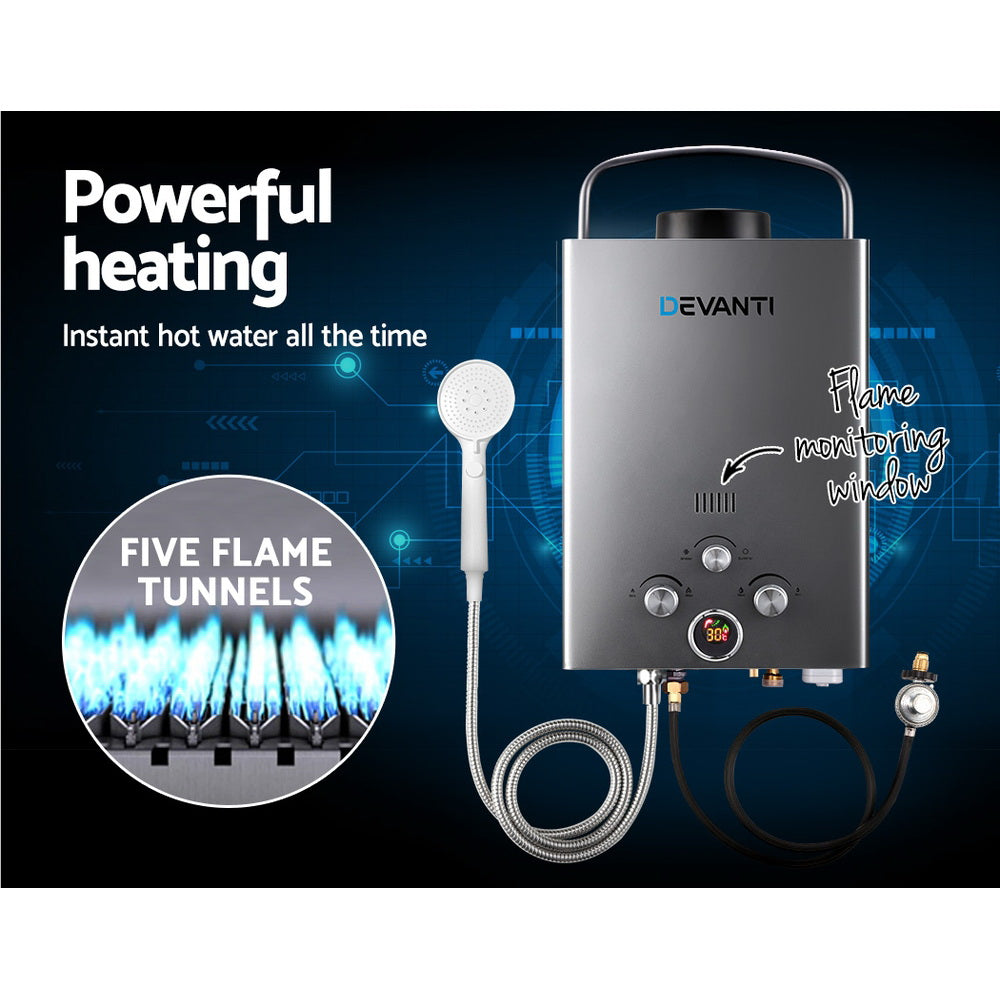 Devanti Portable Gas Water Heater – 8L/Min LPG Outdoor Hot Water Shower System (Grey)