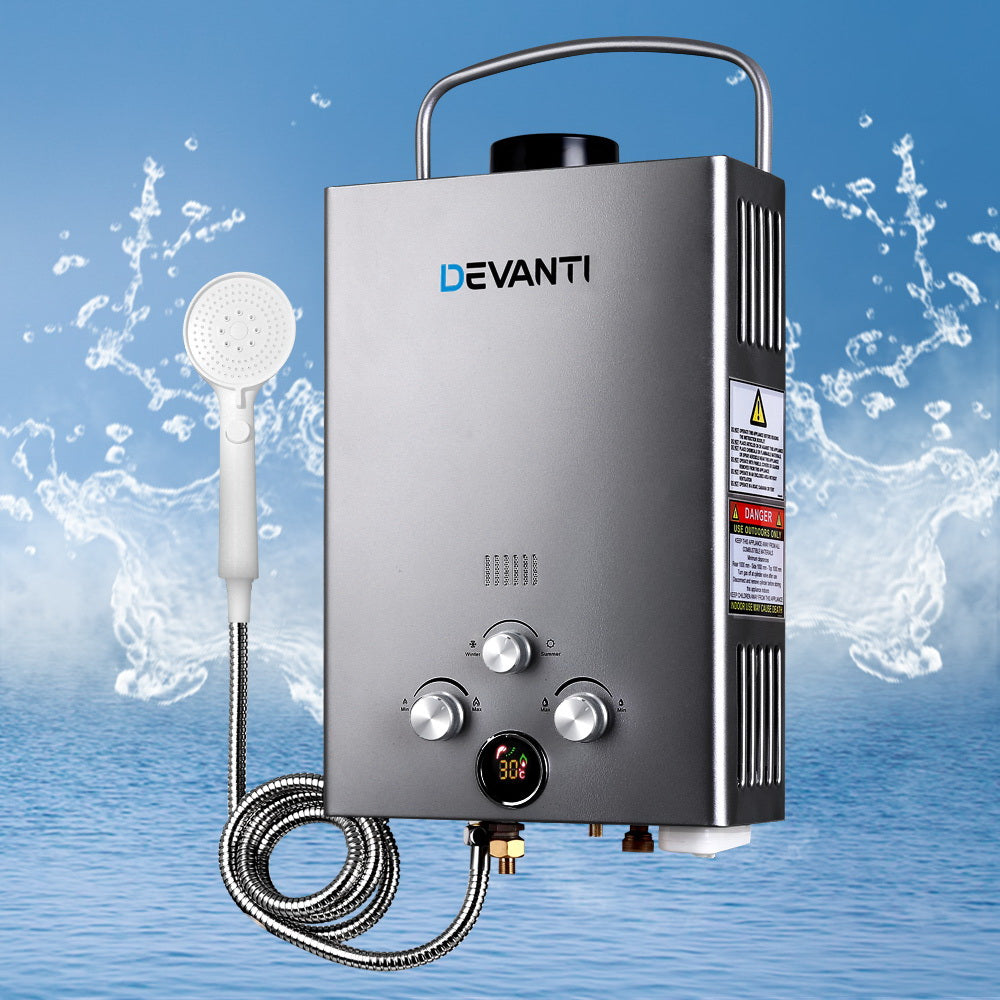 Devanti Portable Gas Water Heater – 8L/Min LPG Outdoor Hot Water Shower System (Grey)