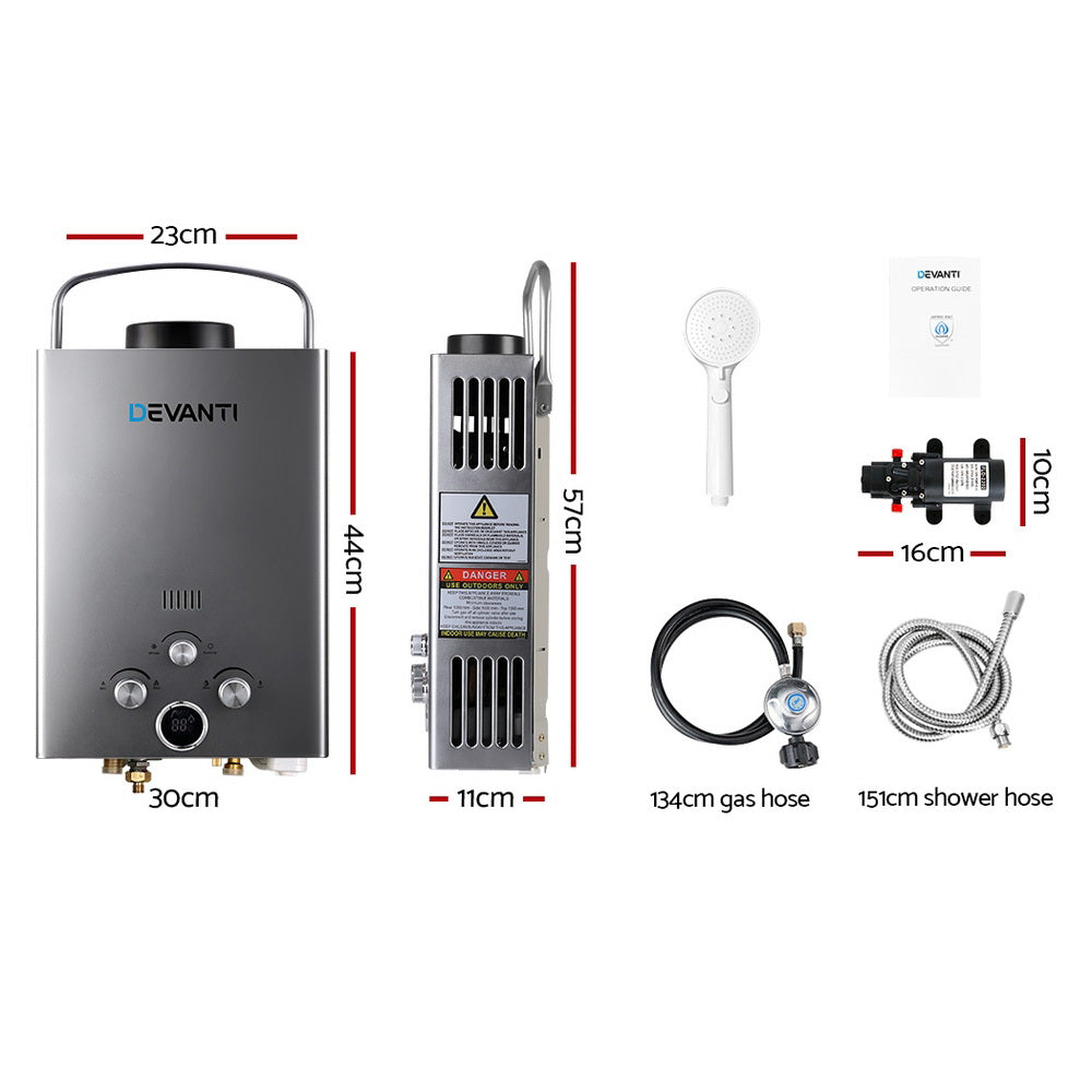Devanti Portable Gas Water Heater with 12V Pump – 8L/Min LPG Outdoor Hot Water System (Grey)