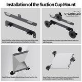 Step-by-step installation guide for Starlink Mini triple suction cup mount showing assembly of bars, suction cups, and final mounting position