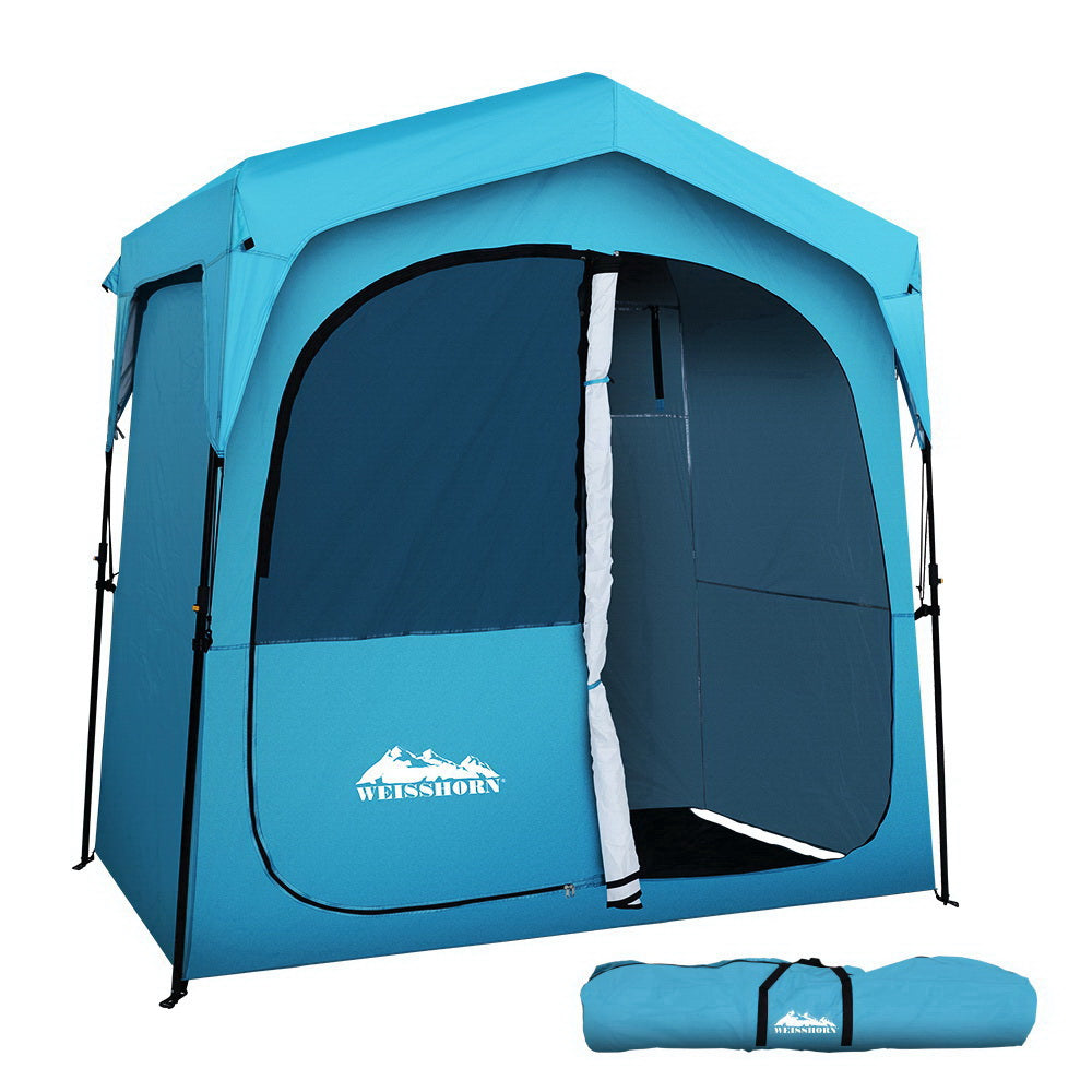 A blue Weisshorn double camping shower and toilet tent with a carrying bag.