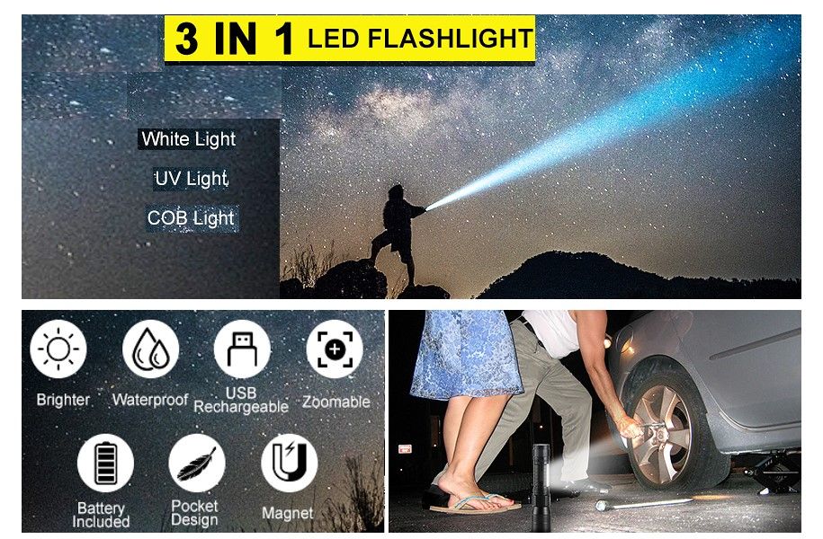 7-in-1 Rechargeable UV Flashlight – Versatile, Powerful, Waterproof