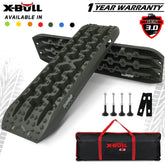 X-BULL Gen 3.0 Recovery Tracks in olive color with included mounting pins and a carry tote, designed for vehicle recovery on tough terrains.