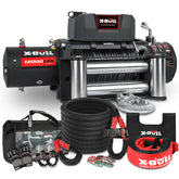 X-BULL 4WD Recovery Kit with 12,000LBS Electric Winch and various accessories including steel cable, fairlead, snatch strap, soft shackles, safety gear, and a carry bag.