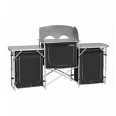 Deluxe Aluminium Foldable Camping Kitchen Table with Cupboard & Windshield – Ultimate Outdoor Cooking Station