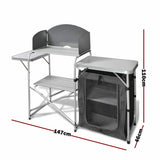Aluminium Foldable Camping Kitchen Table with Cupboard & Windshield – Outdoor Cooking Station