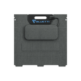 BLUETTI 100W foldable solar panel folded showing grey fabric backing, carry handle, BLUETTI logo and MC4 output cable
