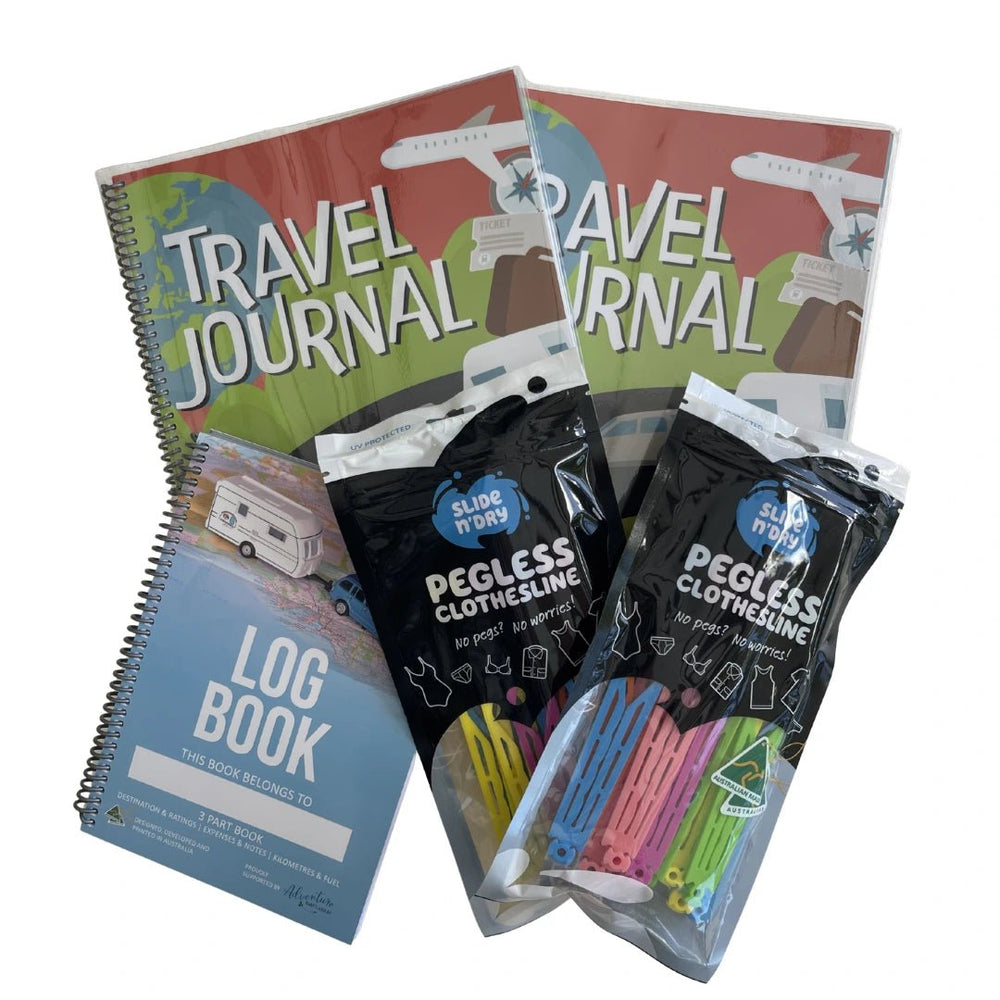 Campalot Family Pack contents showing two Adventure Awaits Kids Travel Journals, one Caravan and Camper Log Book and two Slide n' Dry rainbow pegless clotheslines in packaging on white background