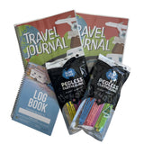 Campalot Family Pack contents showing two Adventure Awaits Kids Travel Journals, one Caravan and Camper Log Book and two Slide n' Dry rainbow pegless clotheslines in packaging on white background