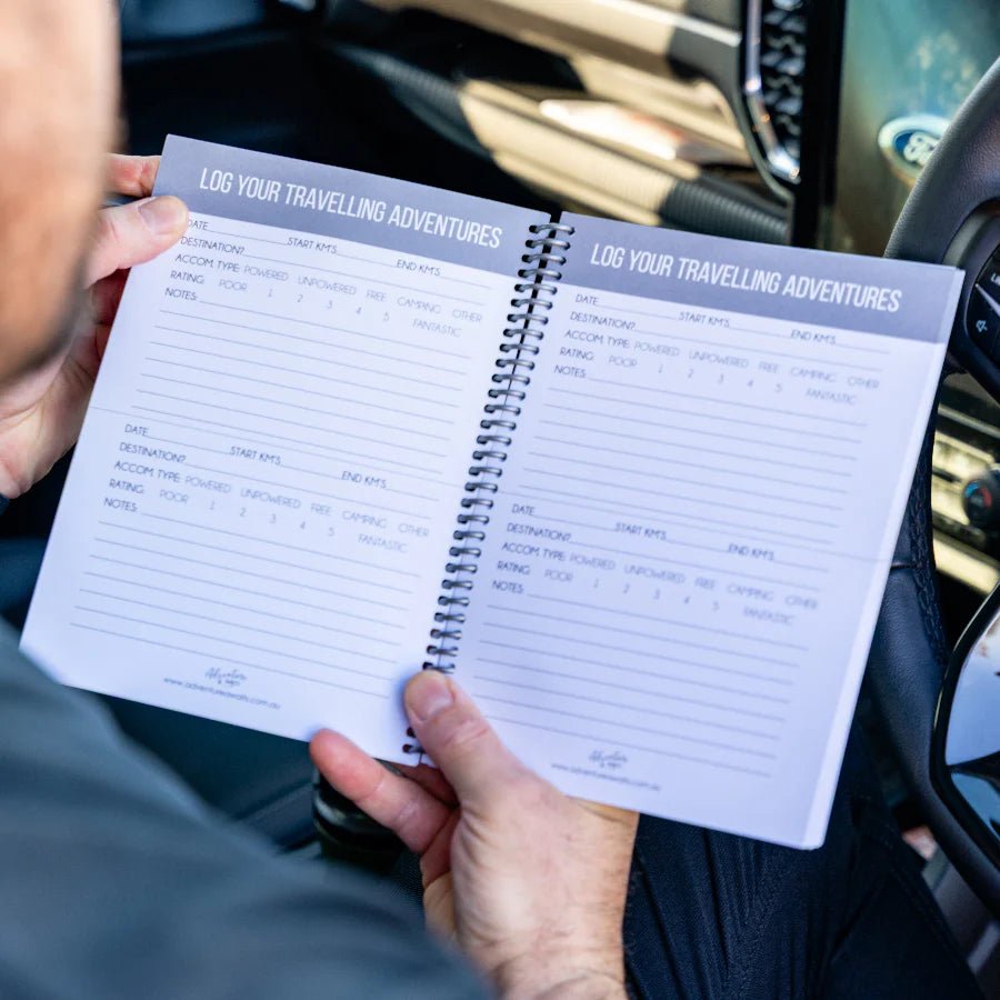 Inside pages of the Adventure Awaits Australian-made Caravan and Camper Log Book showing destination, kilometres, accommodation type, rating and notes entry fields