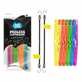 Adventure Awaits Slide n' Dry rainbow pegless clothesline pack contents laid out showing 12 multicolour slides clicked together and 2 bungee cords with hooks