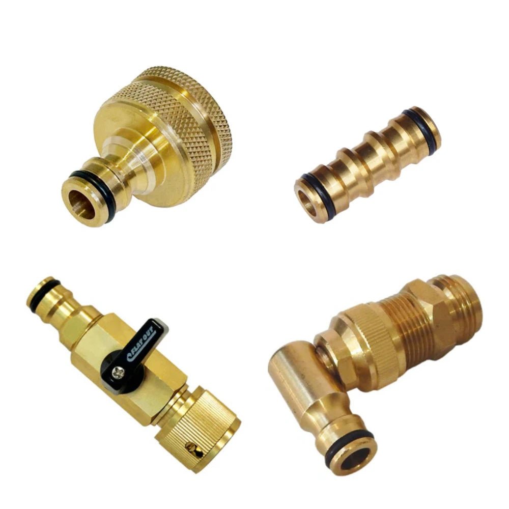 Flat Out Brass Fittings Essentials Pack – 4-piece brass hose and tap fitting set for caravans and camping water systems