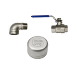 Fleximake fuel bladder stainless steel BSP fittings kit, includes 1Β½" inlet cap, Β½" 90Β° elbow fitting and Β½" ball valve