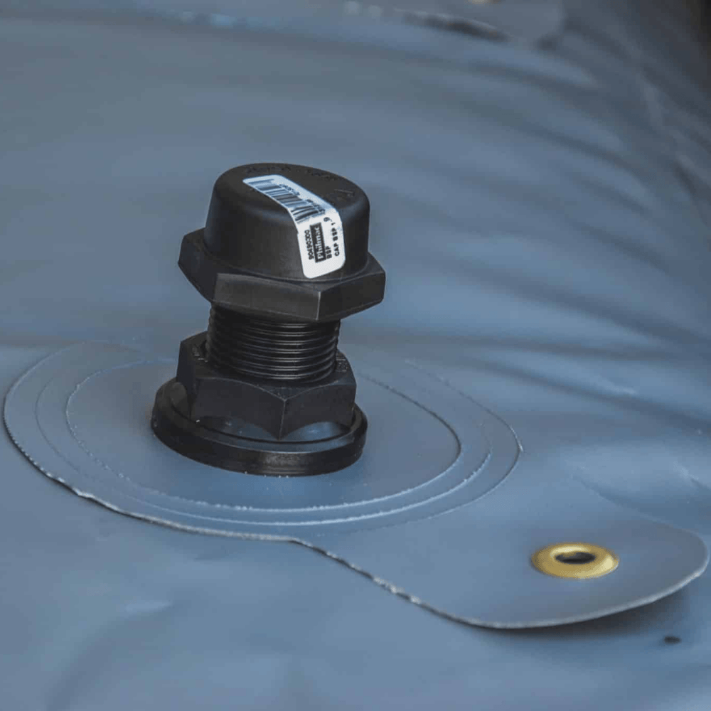 Close up of Fleximake DW200B 200L drinking water bladder showing reinforced PVC and fittings