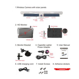 rearview170 wireless reverse camera full kit contents including solar camera unit HD monitor cigarette lighter adapter USB charging cord mounting brackets and screws