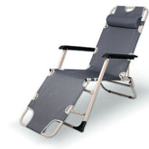 Reclining Sun Lounge Beach Chair – Folding Outdoor Deck Chair with Armrests & Padded Headrest – Grey