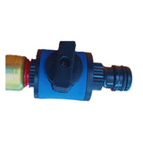 Close-up of the shut-off valve and click-on hose fitting on the caravan water filler attachment