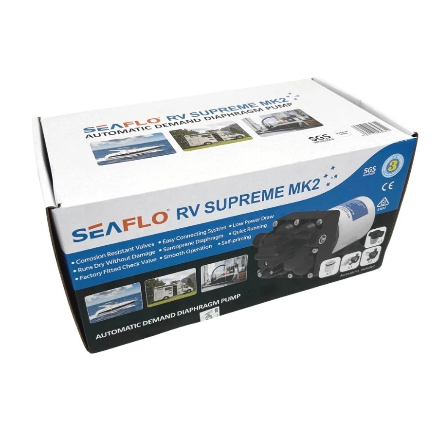 Seaflo RV Supreme MK2 automatic demand diaphragm pump retail packaging with 3 year warranty
