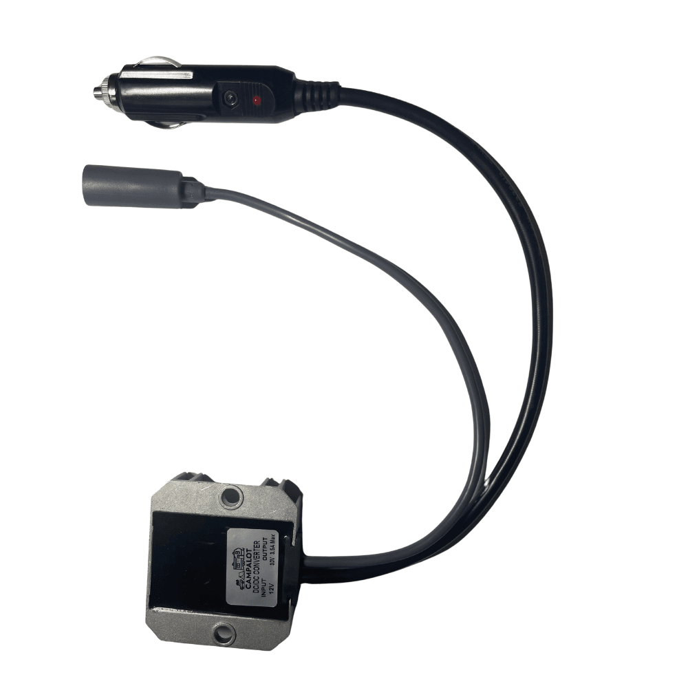 Bottom view of Starlink Mini cigarette plug power supply showing converter label and wiring