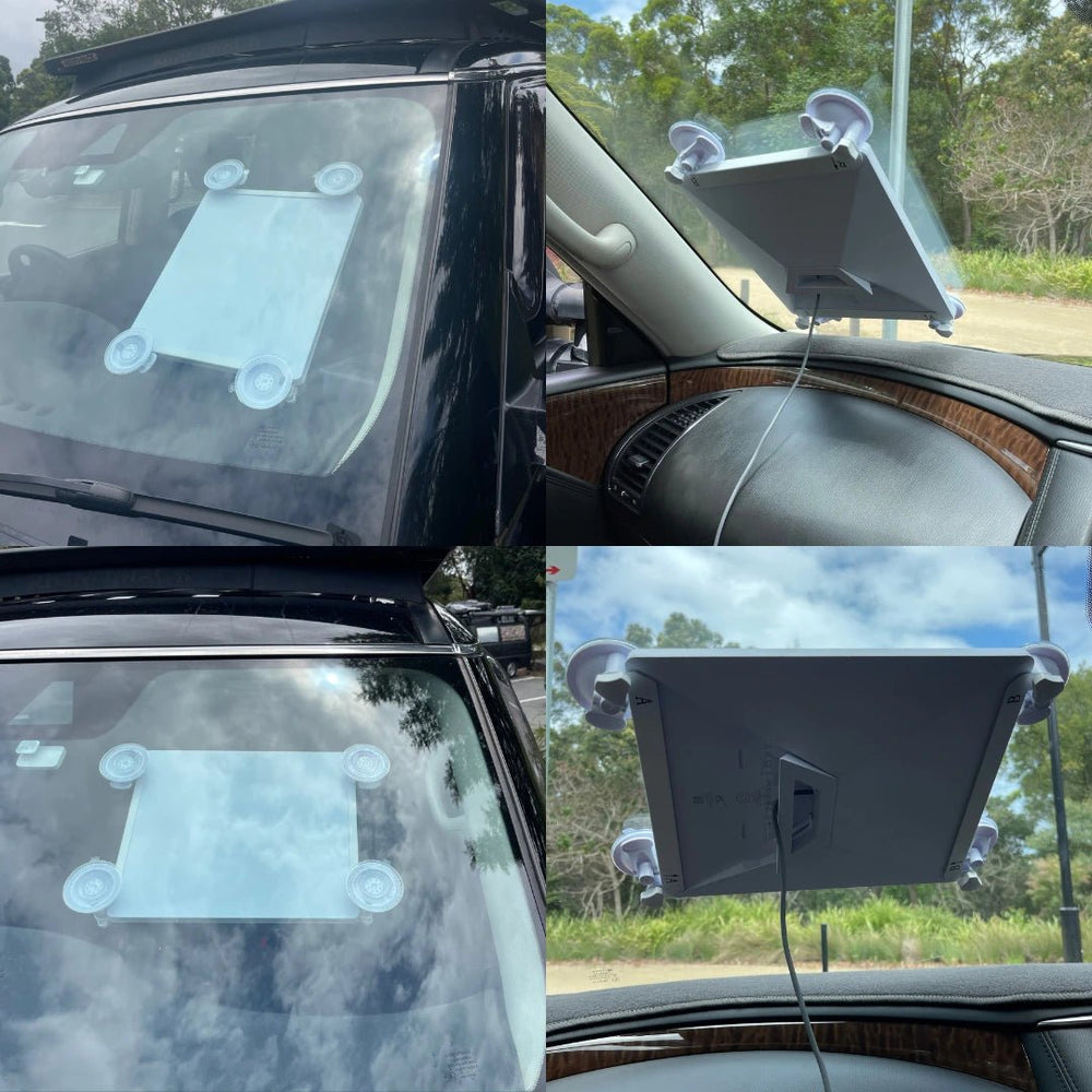 Multiple examples of Starlink Mini suction mount installed on car windows and glass surfaces for portable off-grid internet setups