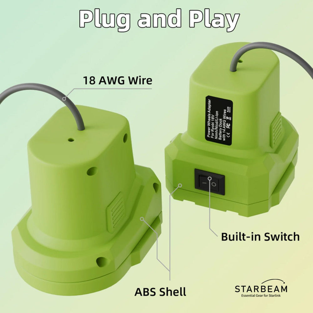 Starlink Mini Power Tool Battery Adapter compatible with Ryobi 18V lithium batteries shown in various models
