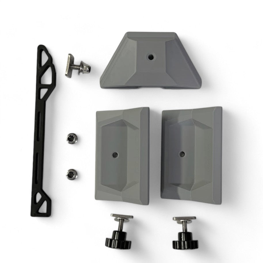 A low-profile roof rack mount designed for securing Starlink Mini, featuring a central bracket with two side stabilisers, in a color option that appears to be black, grey, or white.