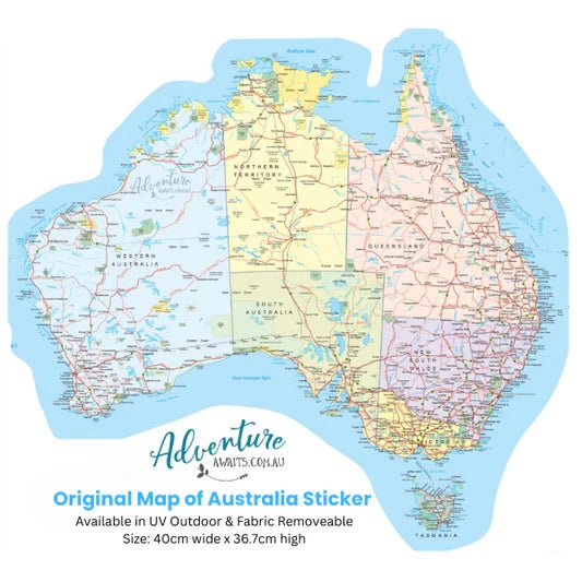 Adventure Awaits Australian-made Map of Australia UV outdoor sticker decal showing all states, territories and national parks, 40cm wide by 36.7cm high