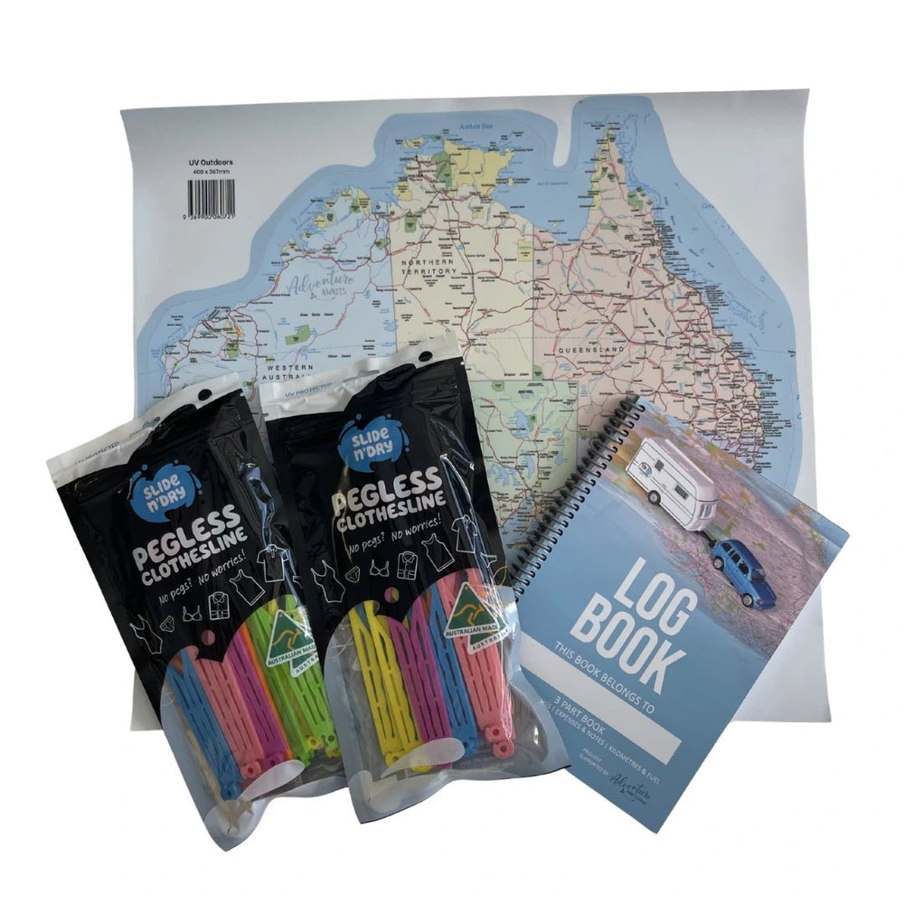 Campalot Travellers Pack contents laid out on white background showing two Slide n' Dry rainbow pegless clotheslines in packaging, an Australian-made caravan log book, and a UV Outdoors Map of Australia sticker