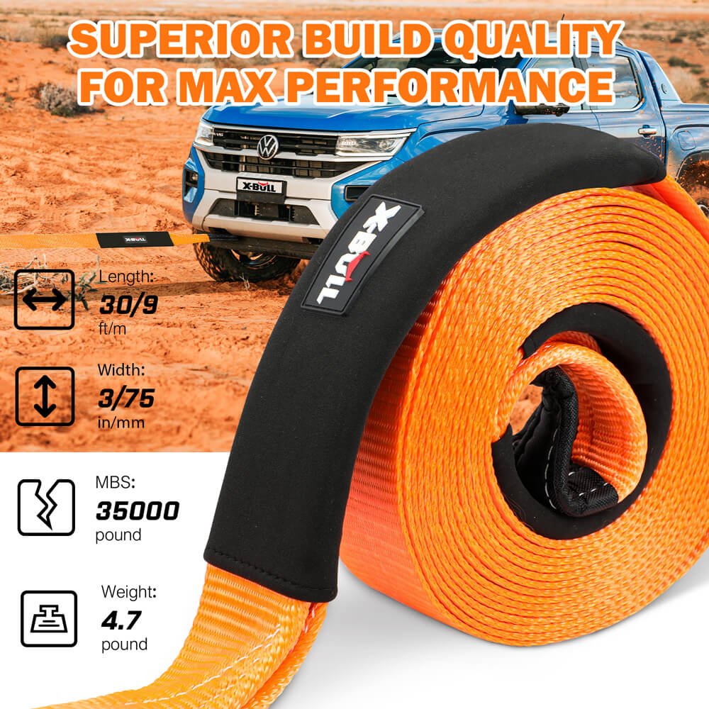 X-BULL 4WD Recovery Kit displayed with a snatch strap features