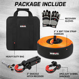 X-BULL 4WD Recovery Kit displayed with a snatch strap, hitch receiver, bow shackles, a durable bag, heavy duty gloves