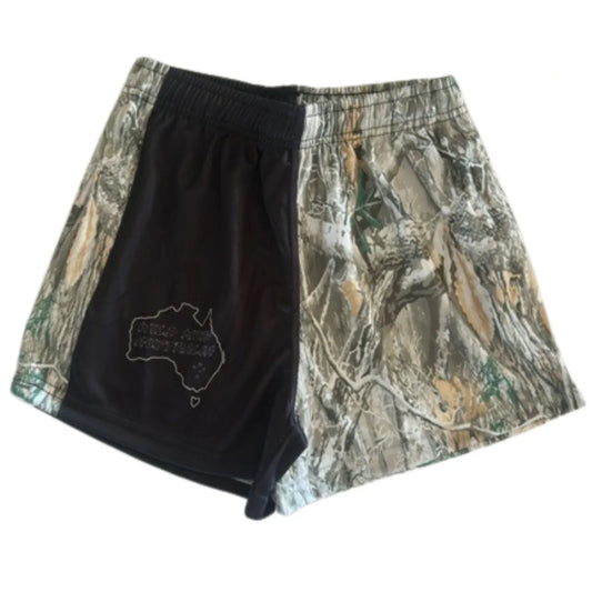 Adult footy shorts featuring bush camo panels and black fabric, designed for Australian outdoor activities like camping, fishing, and hunting.