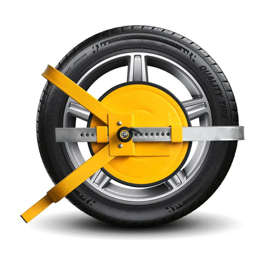 Yellow Wheel Defender caravan wheel clamp fitted to a silver alloy wheel