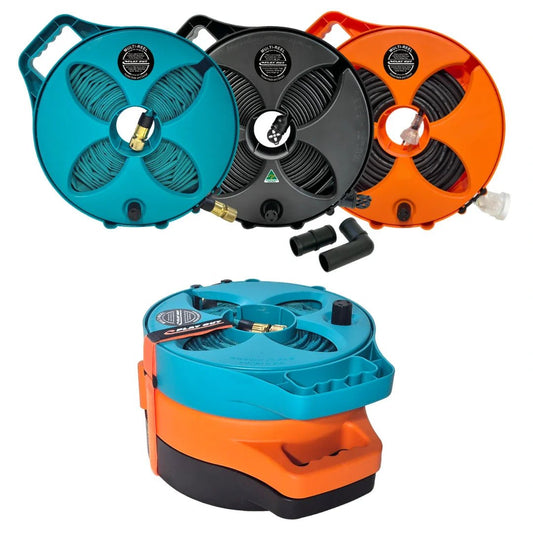 Flat Out Multi-Reel caravan water hoses in teal, black and orange, with compact stacked version in the foreground