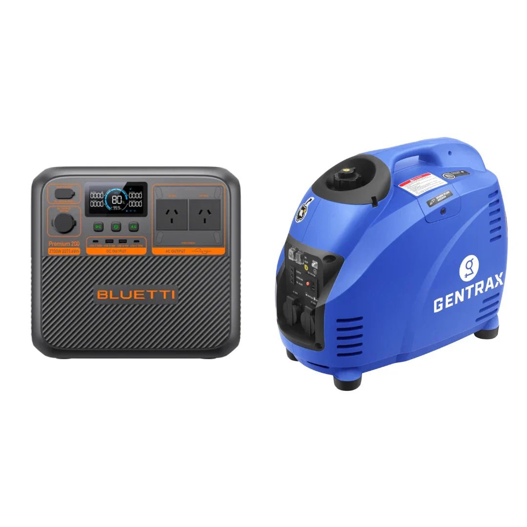 Bluetti Premium 200 portable power station next to a Gentrax inverter generator — two options for off-grid camping power compared