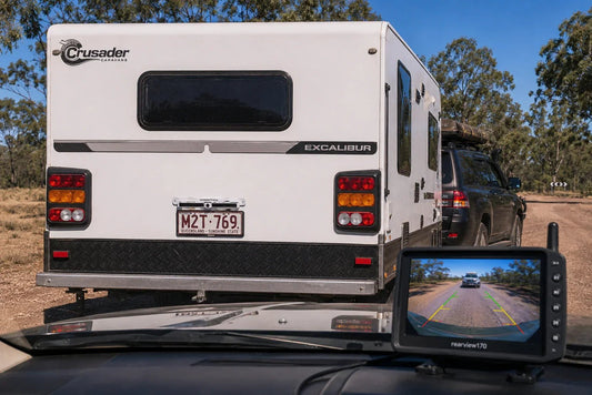 rearview170 solar reverse camera mounted on Crusader caravan with live monitor view on outback road