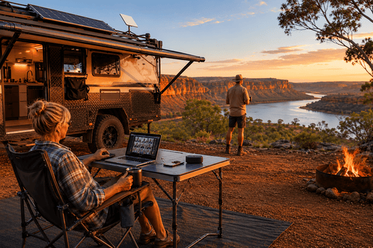 Couple at a remote Kimberley river camp with Starlink on the roof rack and laptop video call