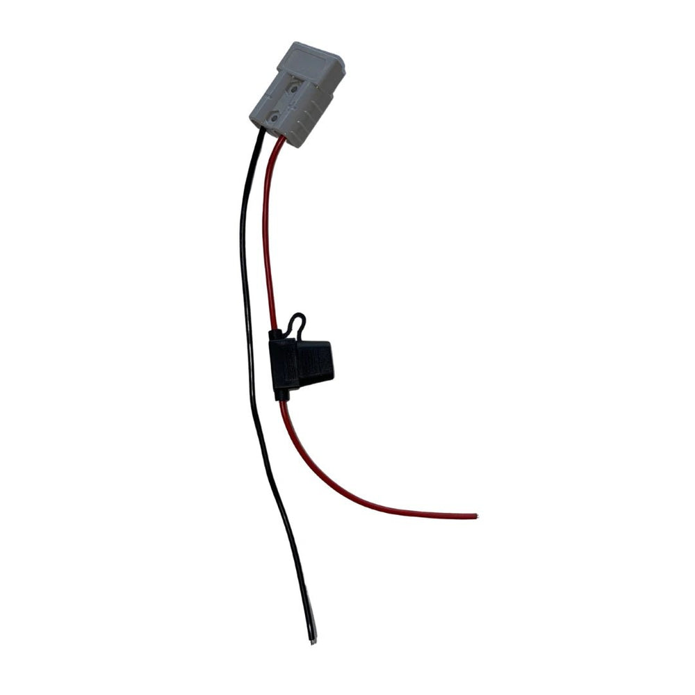 12V Anderson-style plug power lead 30cm with red and black bare end wire output and inline 25A fuse holder for battery boxes and 12V accessory circuits