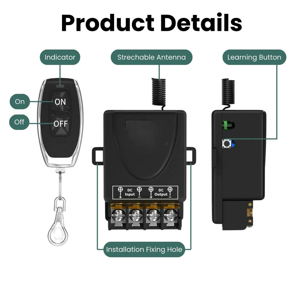 12V wireless remote control switch showing antenna, learning button, indicator light and mounting points