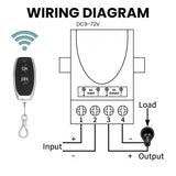 Wiring diagram for 12V wireless remote control switch showing DC input, output and load connections