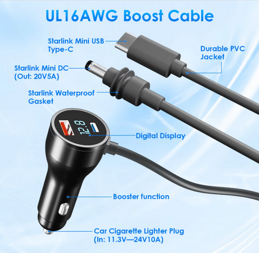 Starlink Mini 3-in-1 DC Power Cable 3.0M, USB C, DC Plug and Cigarette Lighter Plug