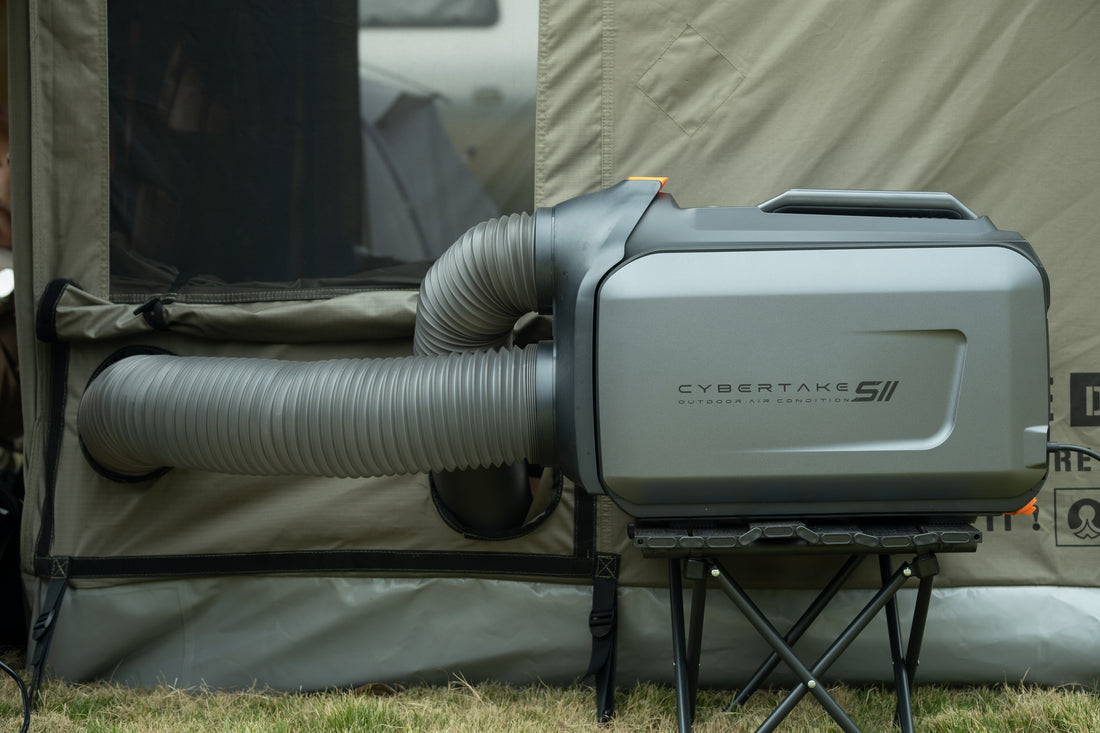 Cybertake S2 Pro portable air conditioner and heater unit being used with a tent