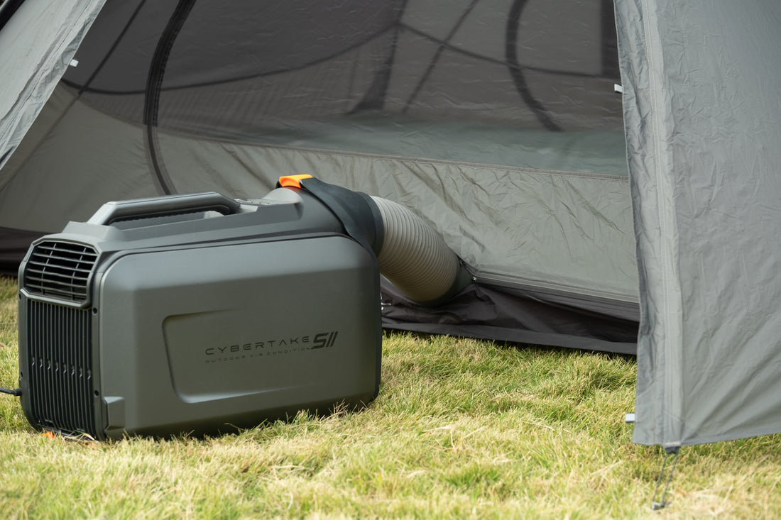 Cybertake S2 Pro portable air conditioner and heater unit being used with a tent
