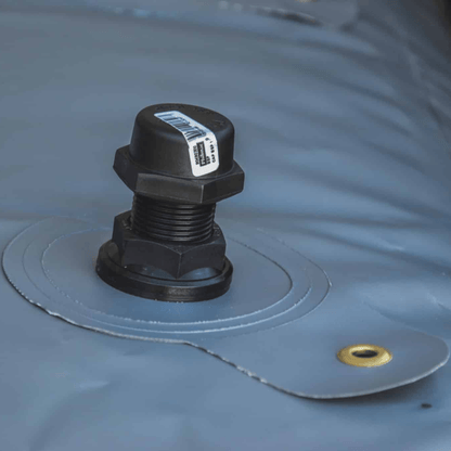 Close up of Fleximake DW200B 200L drinking water bladder showing reinforced PVC and fittings